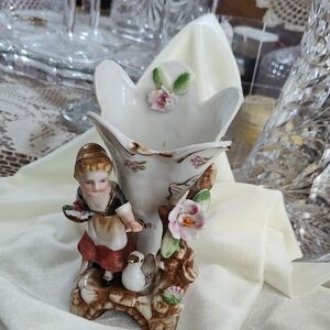 Hand-Painted Porcelain Figurine Bud Vase - White, Pink, Green